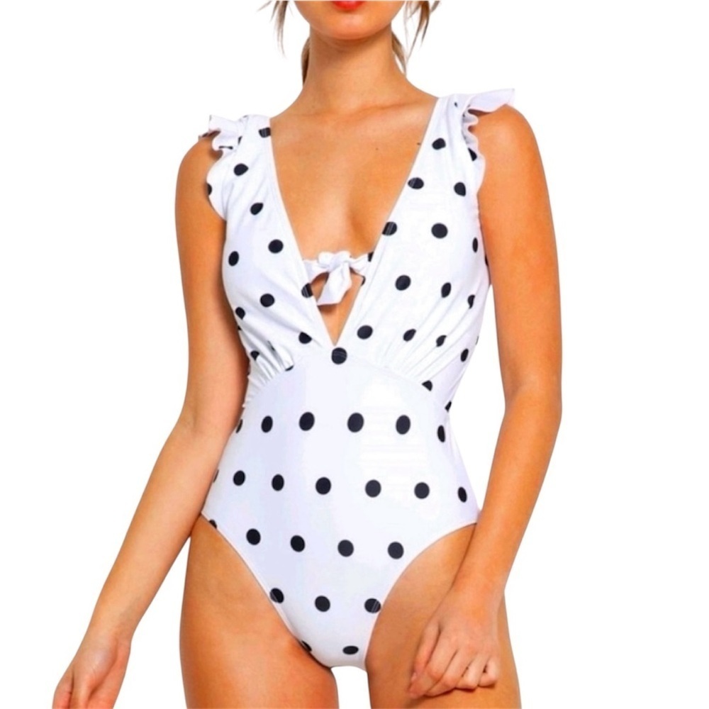 Marina West White/Black Polka Dot Ruffle Accent Swimsuit Size L